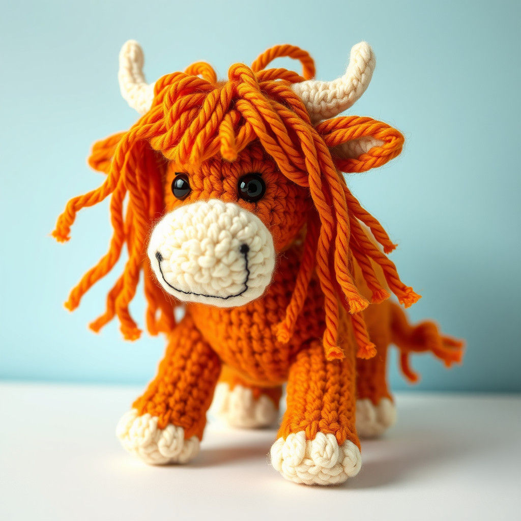 Orange Highland Cow Crocheted Toy, Folk Art Style