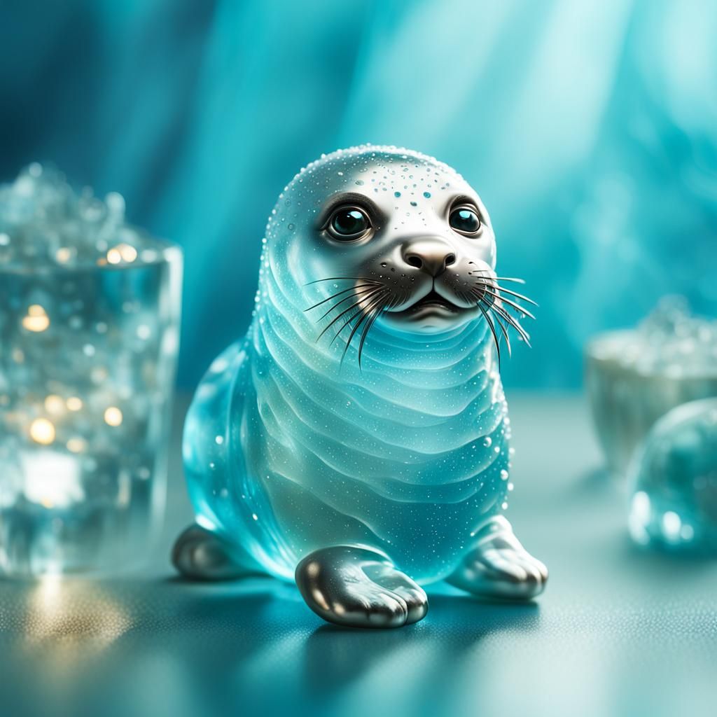 Enameled Glass Seal Figurine in Aquamarine Light