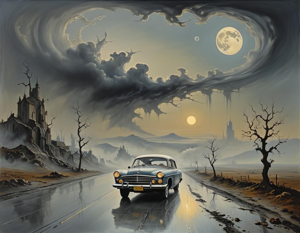 Surreal Car on Foggy Road, Salvador Dali Style