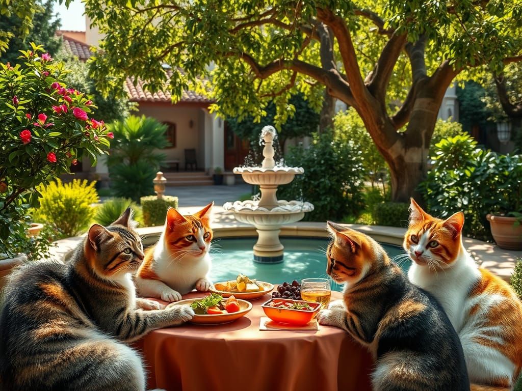 Cats Enjoy Dinner in Andalusian Garden