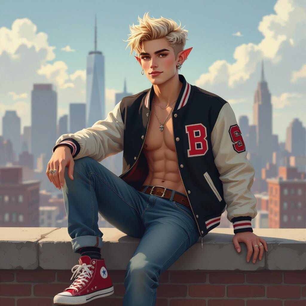 Elf on Ledge Overlooking City Skyline in Stalenhag Style