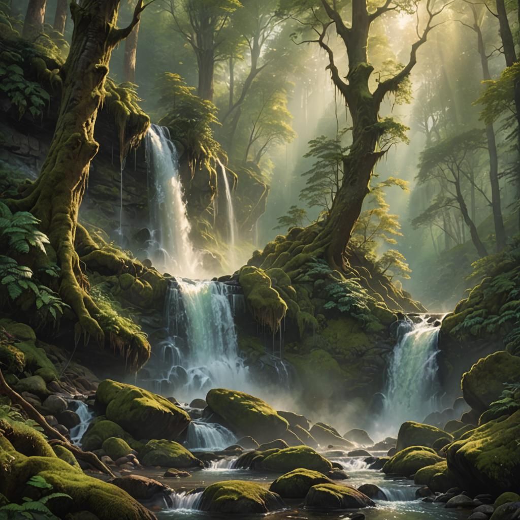 Majestic Waterfall in Lush Forest: Digital Art