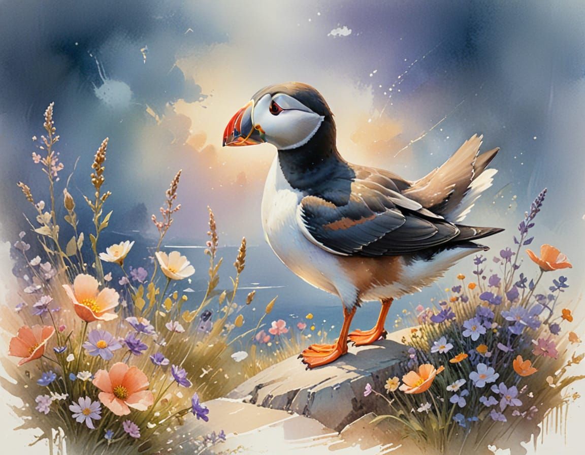 Puffin Portrait with Pastel Wildflowers in Watercolor Style