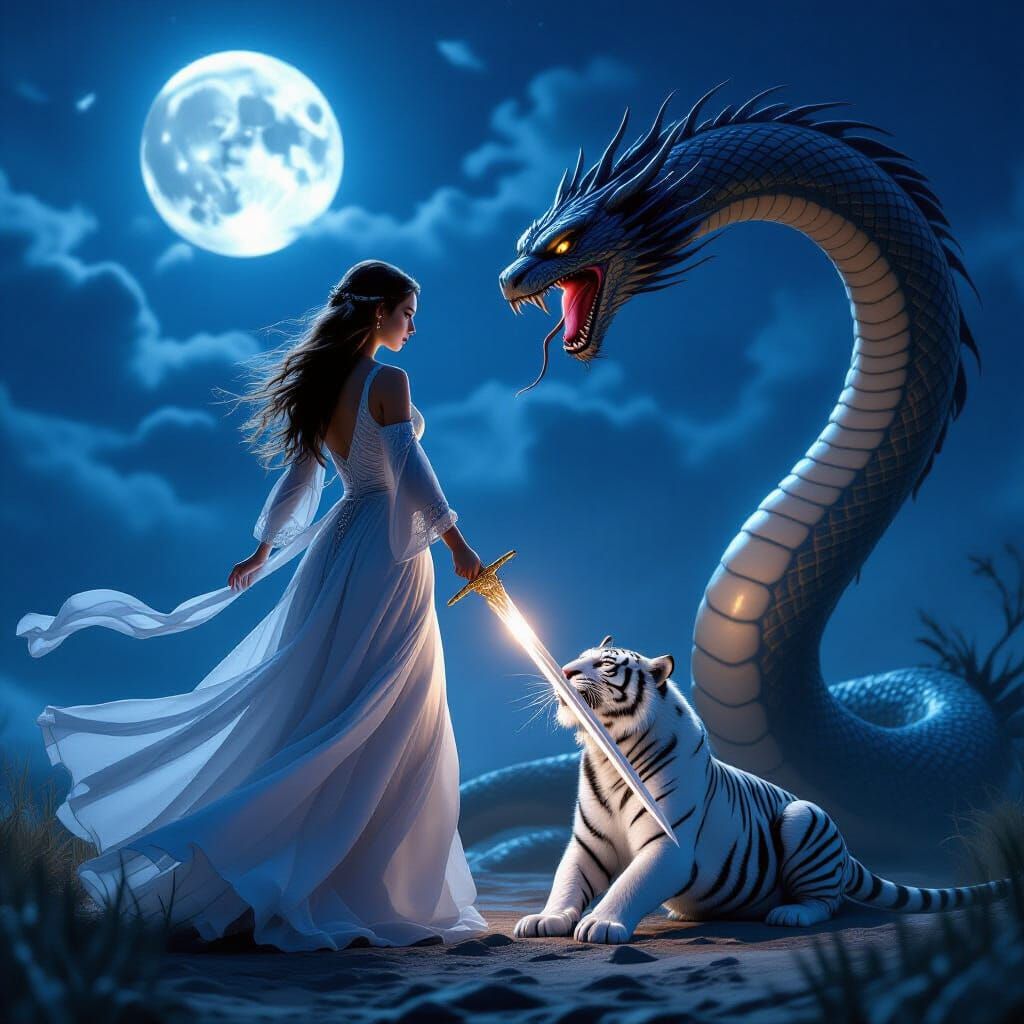 Girl Battles Serpent with Tiger in Moonlight