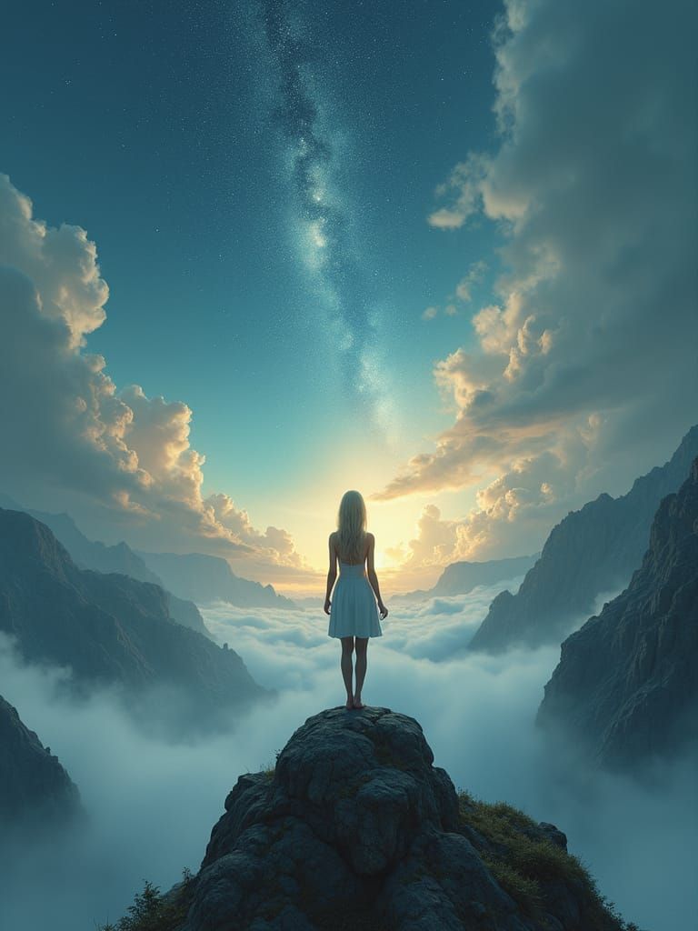 Woman on Misty Mountain Gazing at Starry Sky