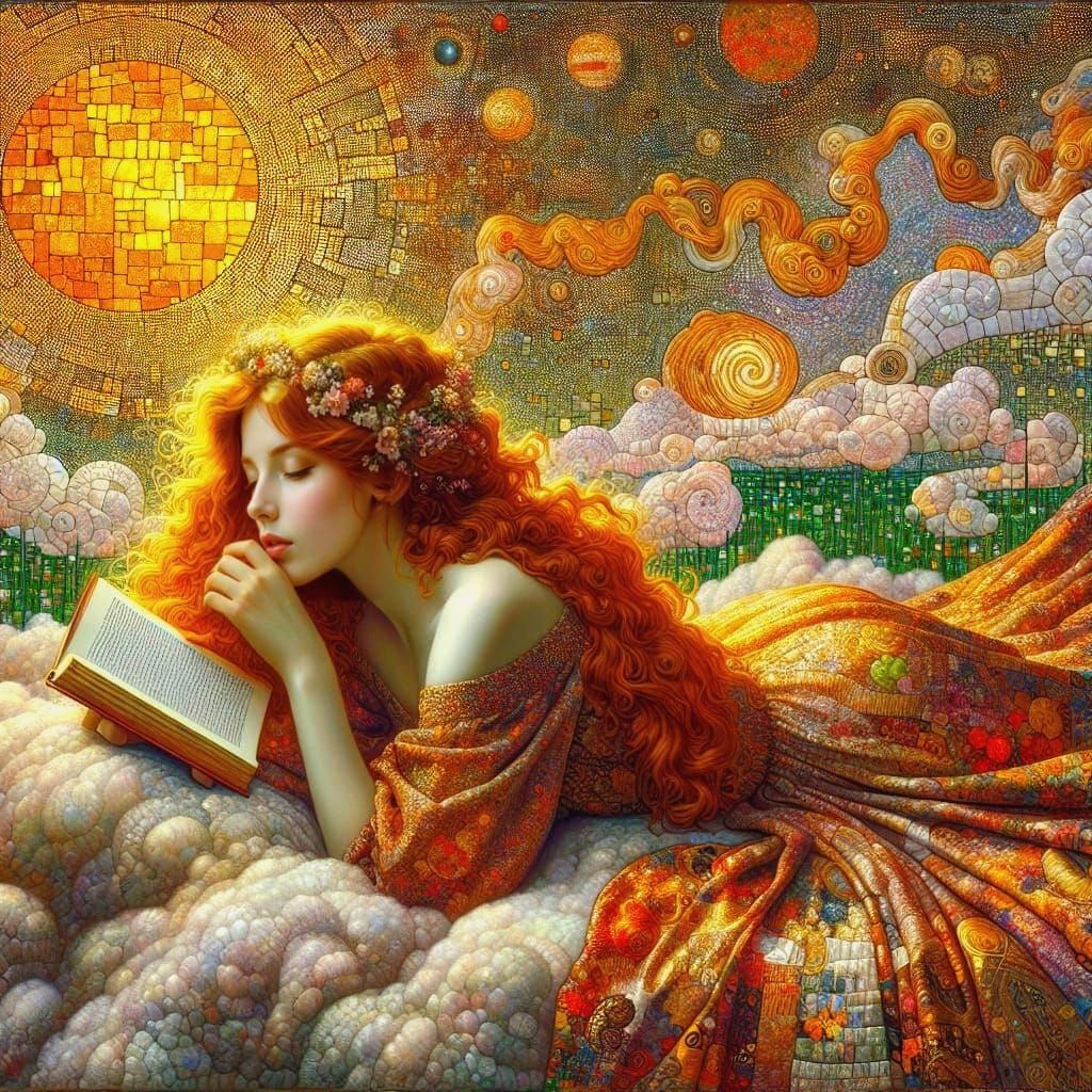 Woman Reading on Cloud in Symbolist Style