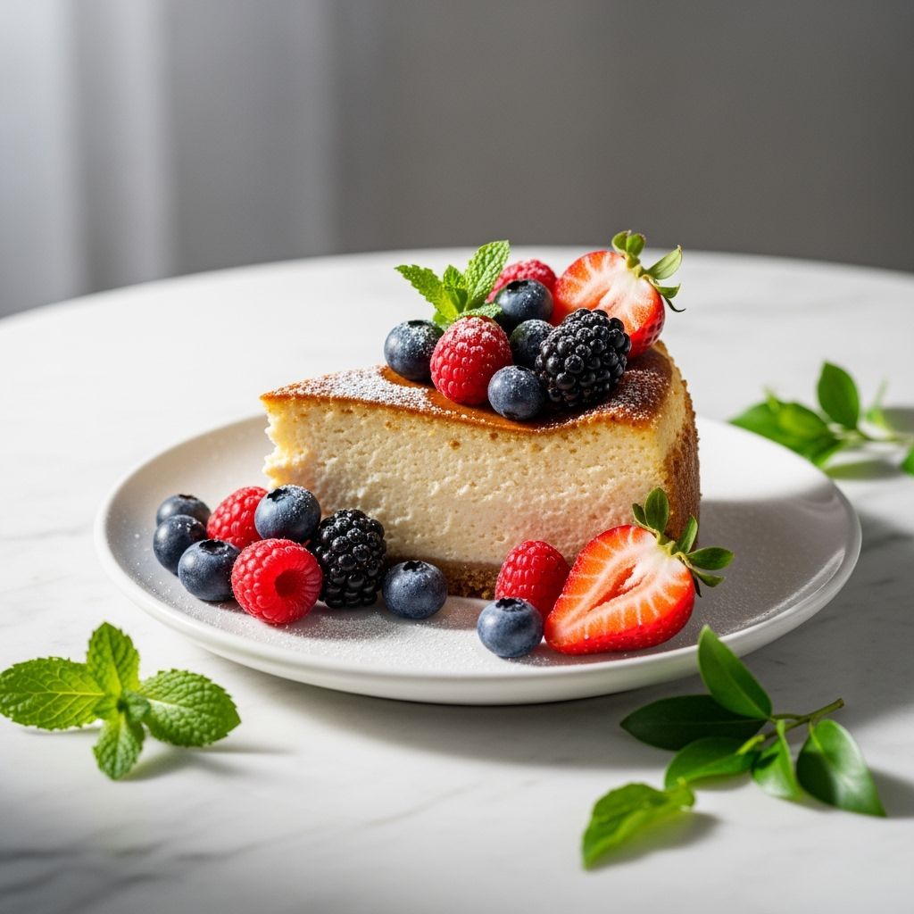 Protein Cheesecake with Berries on Marble Surface