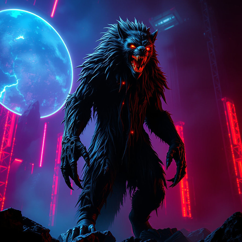 Majestic Werewolf in Dark Gothic Futurism Style