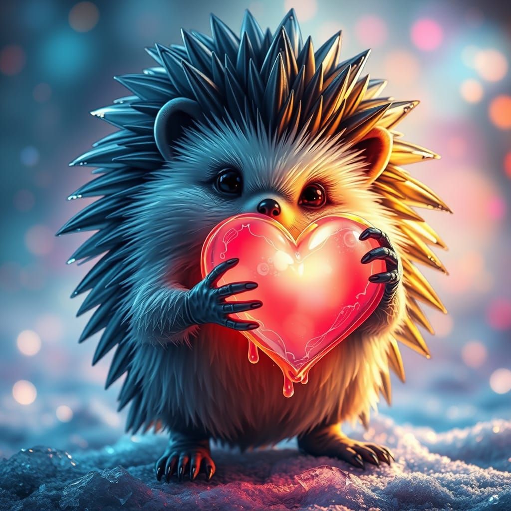 Ice hedgehog holding a melty heart. translucent luminous mag...