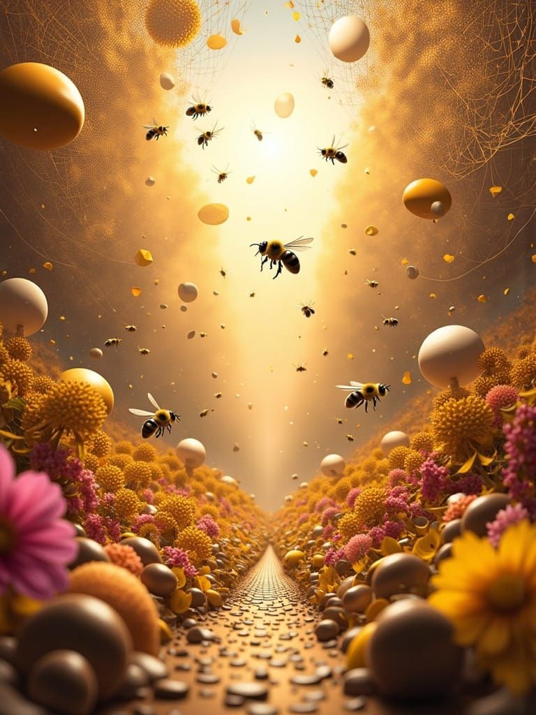 Surreal Bee Marketplace in Golden Light