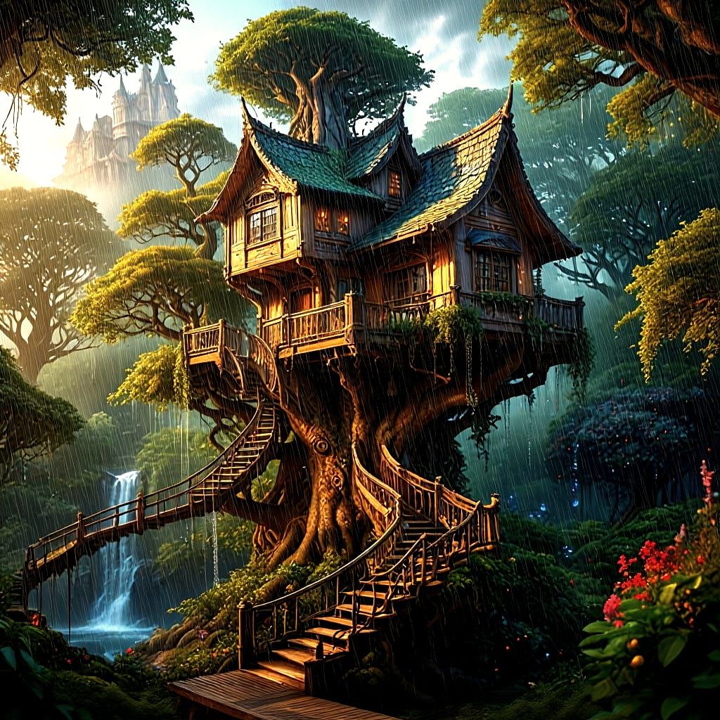 Fantastical Treehouse in Summer Rain: Rococo Dreamscape