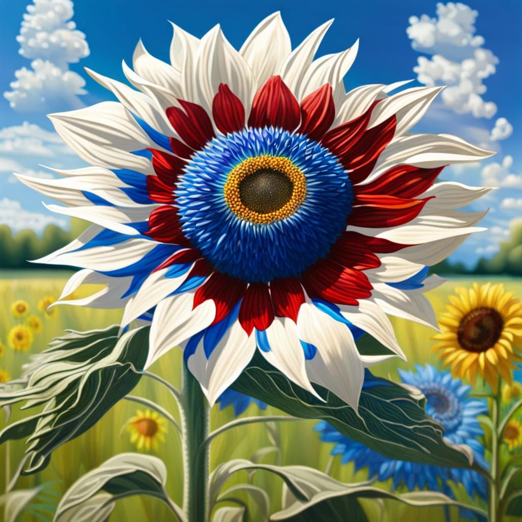 Red white and blue sunflower in a sunny riverside meadow