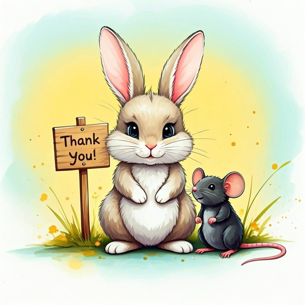 Charming Bunny and Mouse Thank You Illustration