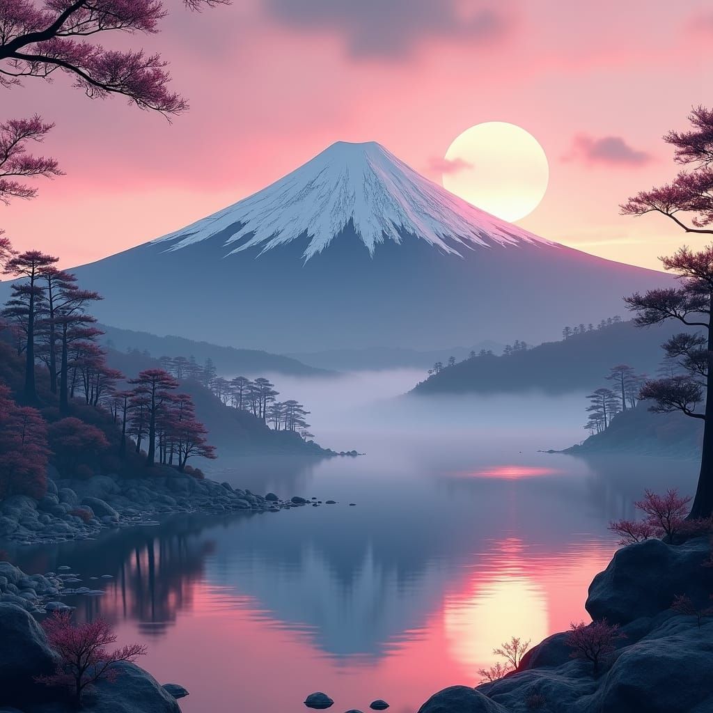 Mount Fuji Sunrise in Ukiyo-e Anime Style