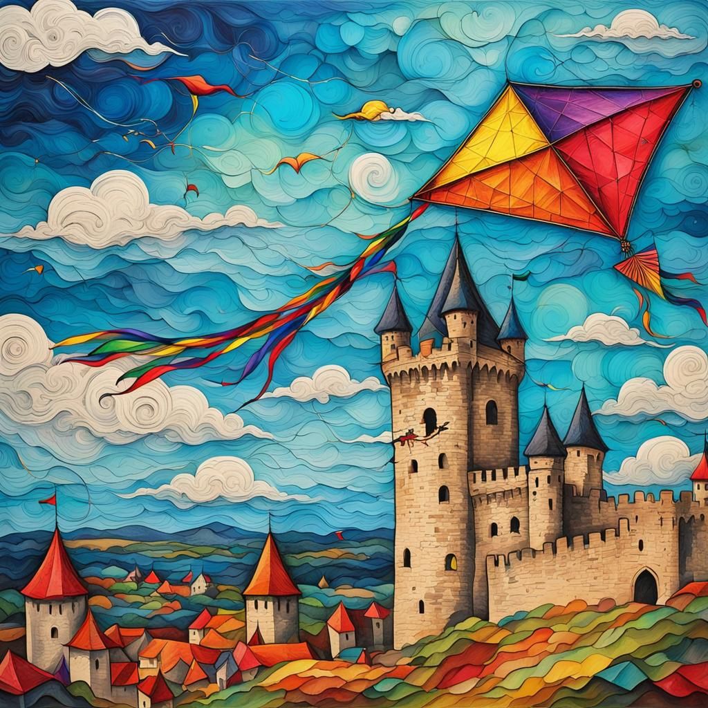 Medieval Lady Flying Kite: Abstract Art
