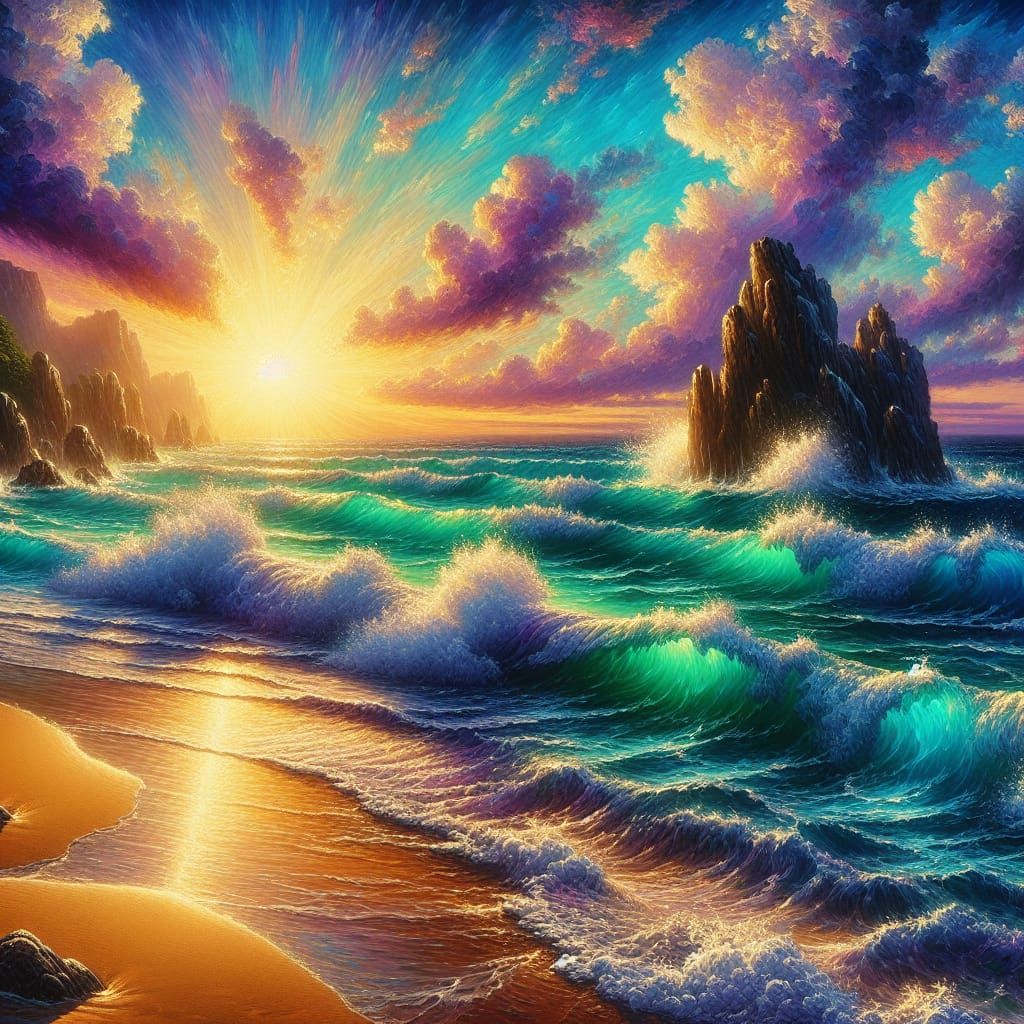 Sandy Beach Sunset in Impressionist Style