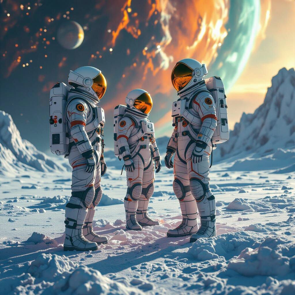 Astronauts Explore Icy Comet Surface in Detailed Digital Art