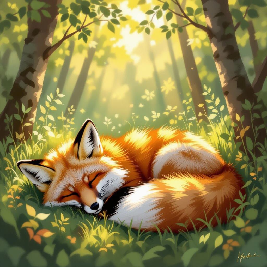 Peaceful Fox Asleep in Sunlit Forest Clearing