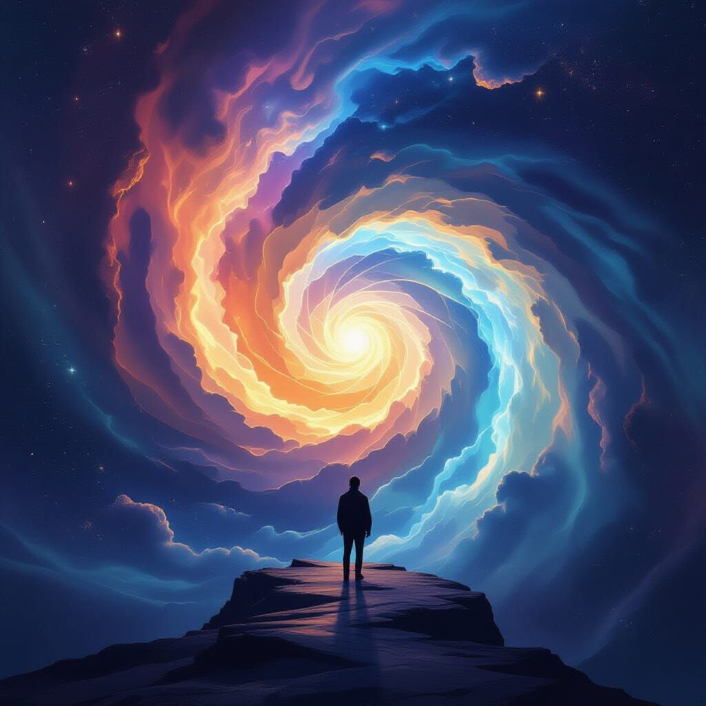 Surreal Figure at Light Vortex Precipice