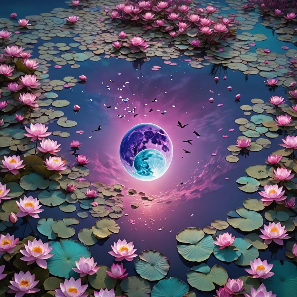 Blue Moon Over Lotus Lake: Fantasy Matte Painting