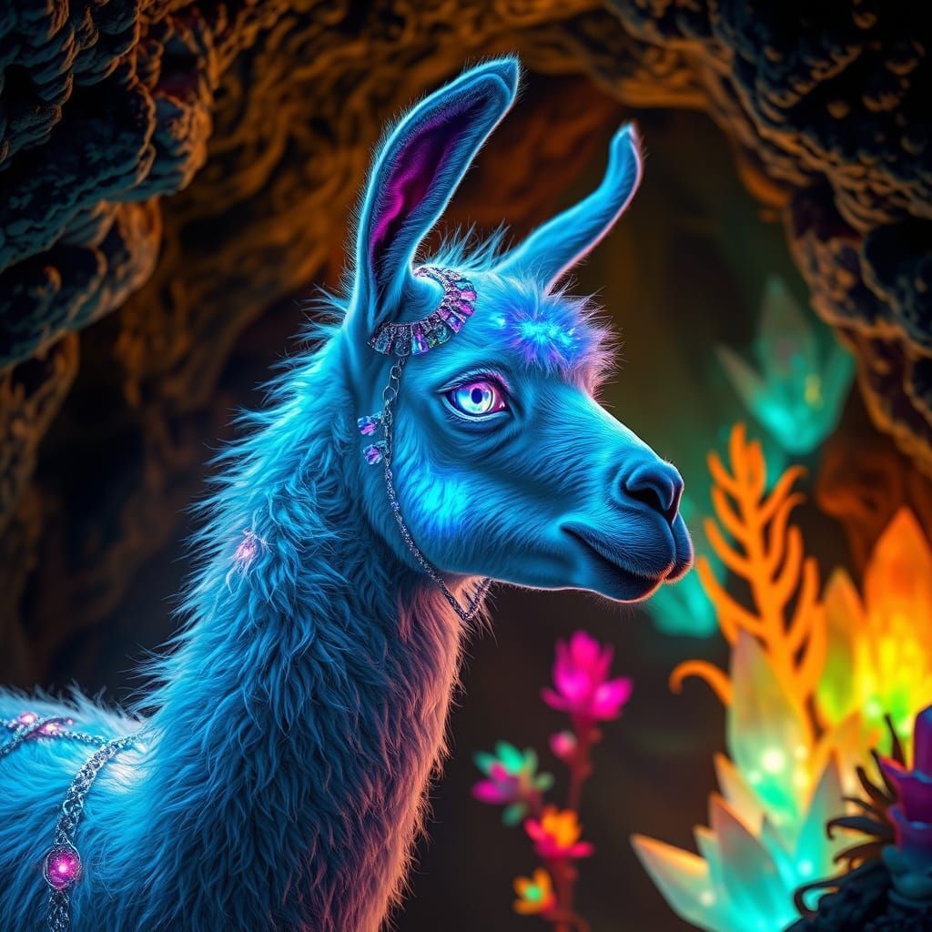 Bioluminescent Llama Exploring Crystal Cave in Digital Art S...