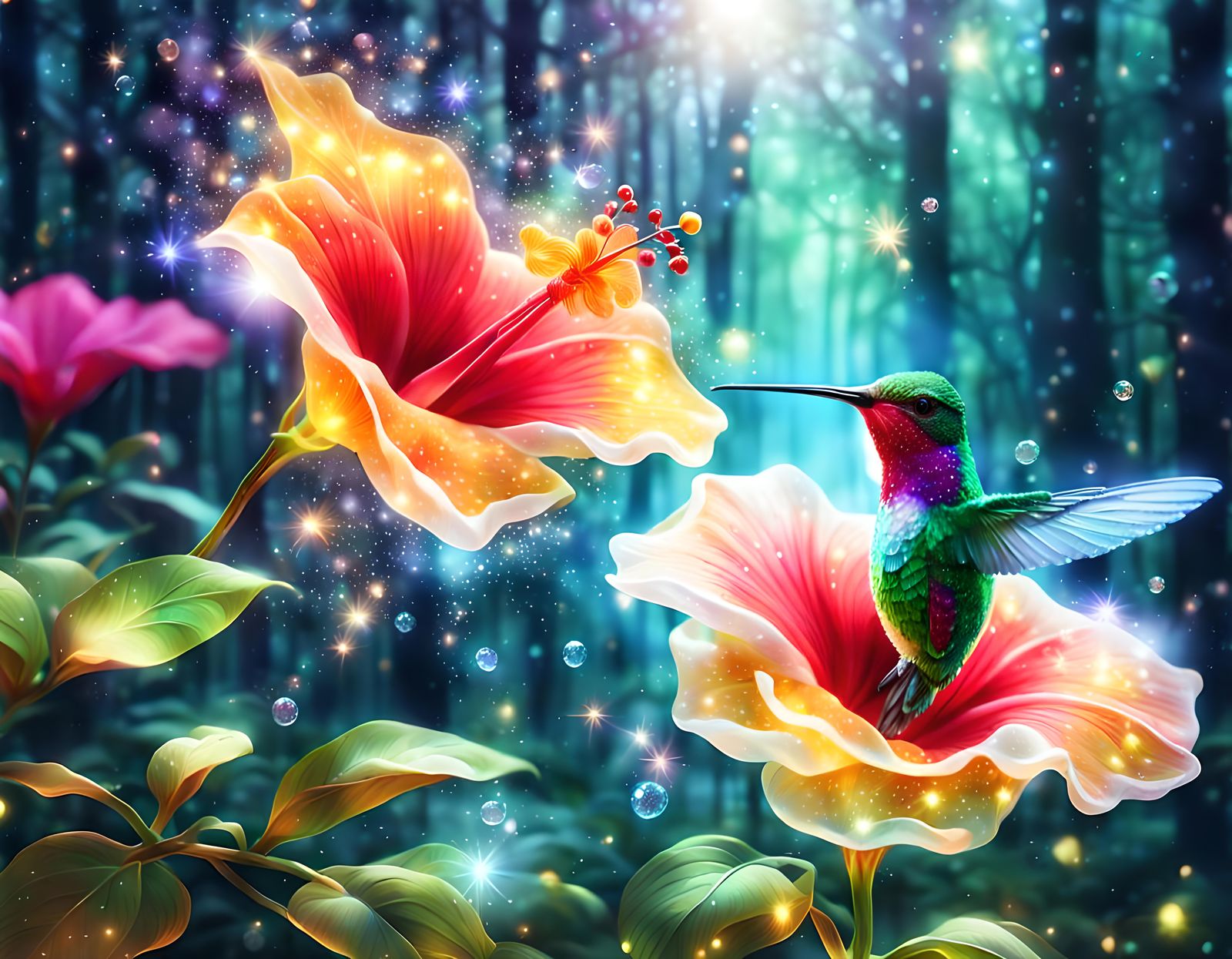 Vibrant Venetian Glass Hummingbird Amidst a Lush Floral Wond...