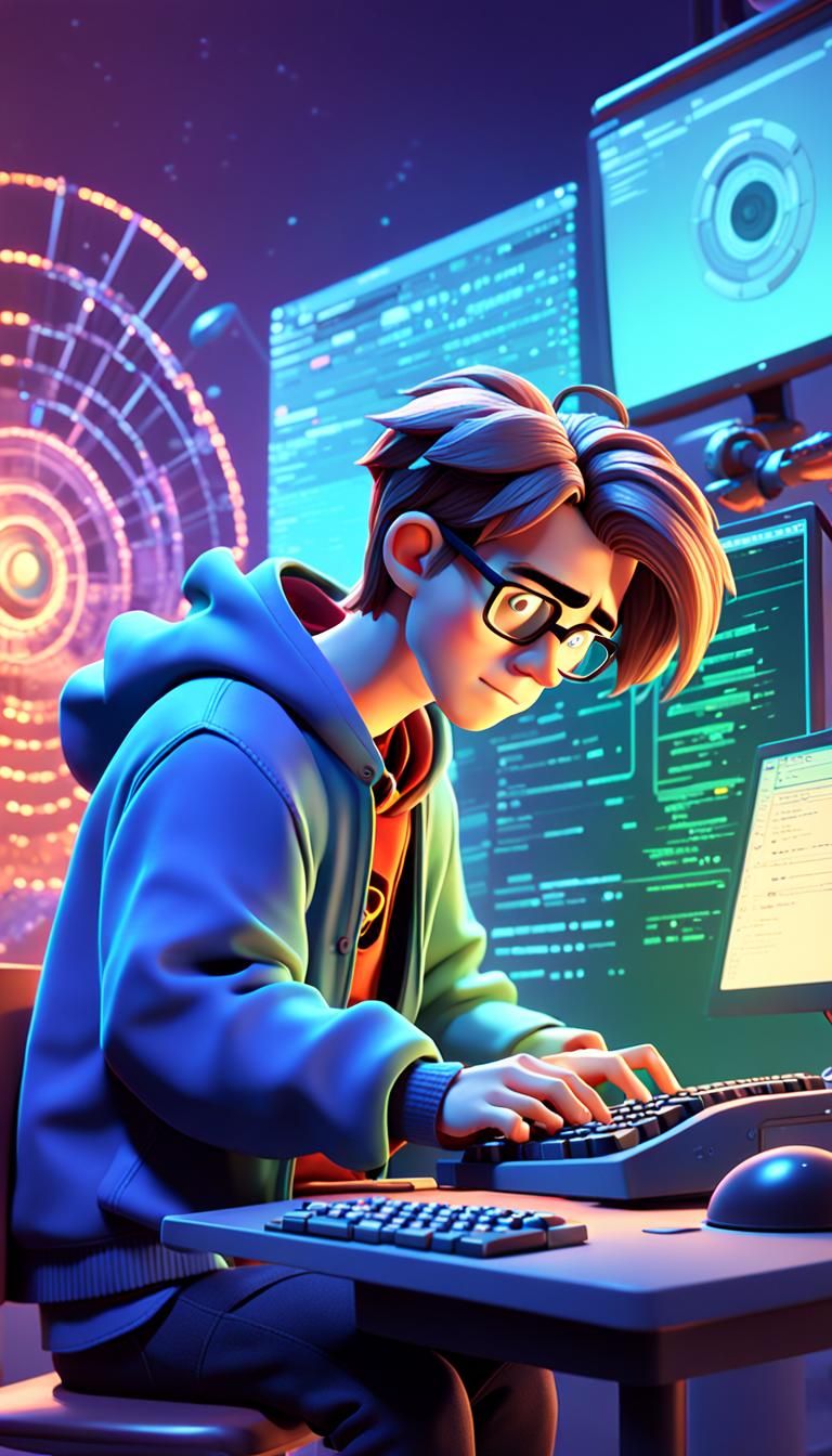 Man Typing on Computer in Pixar 3D Style