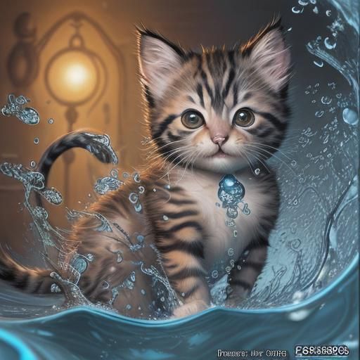 Furry Kitten in Water Drops: Comic Book Art