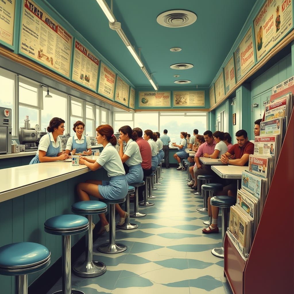 Fifties America: Cozy Blue Bird Cafe Scene