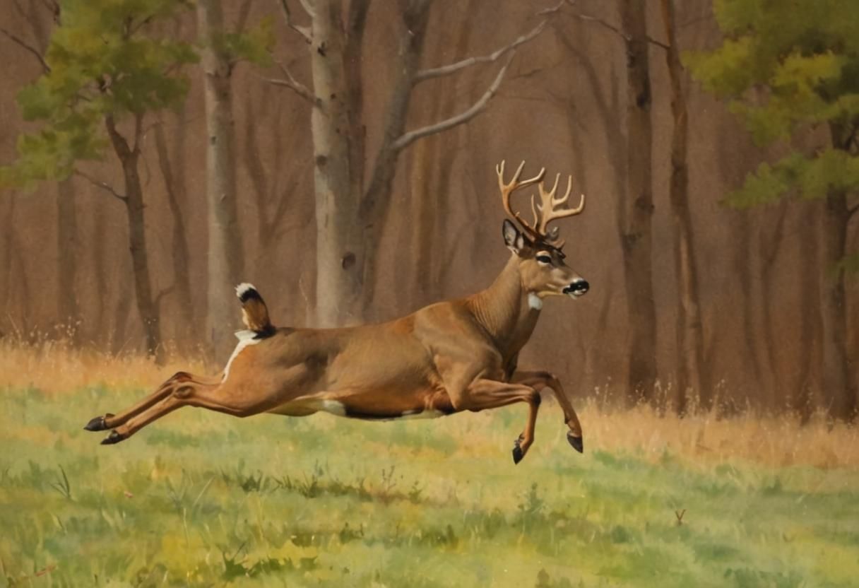 Whitetail Buck Leaping, Watercolor Style