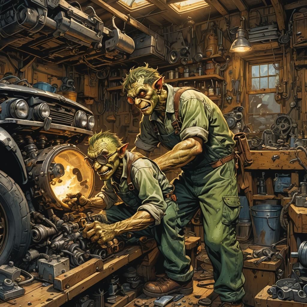 Goblins Argue Over Car Engine in Comic Style