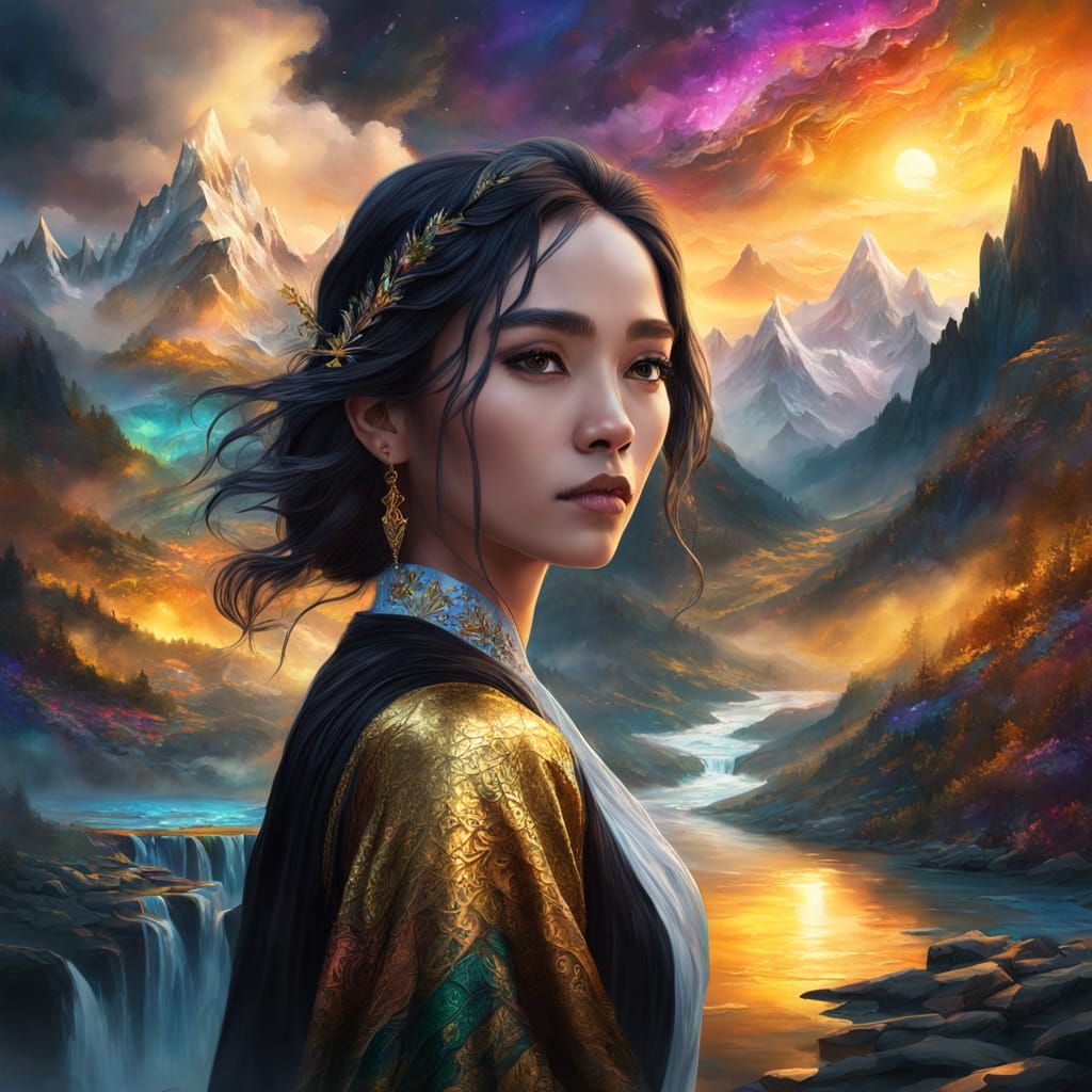 Mystical Woman by River: Hyperrealistic Concept Art
