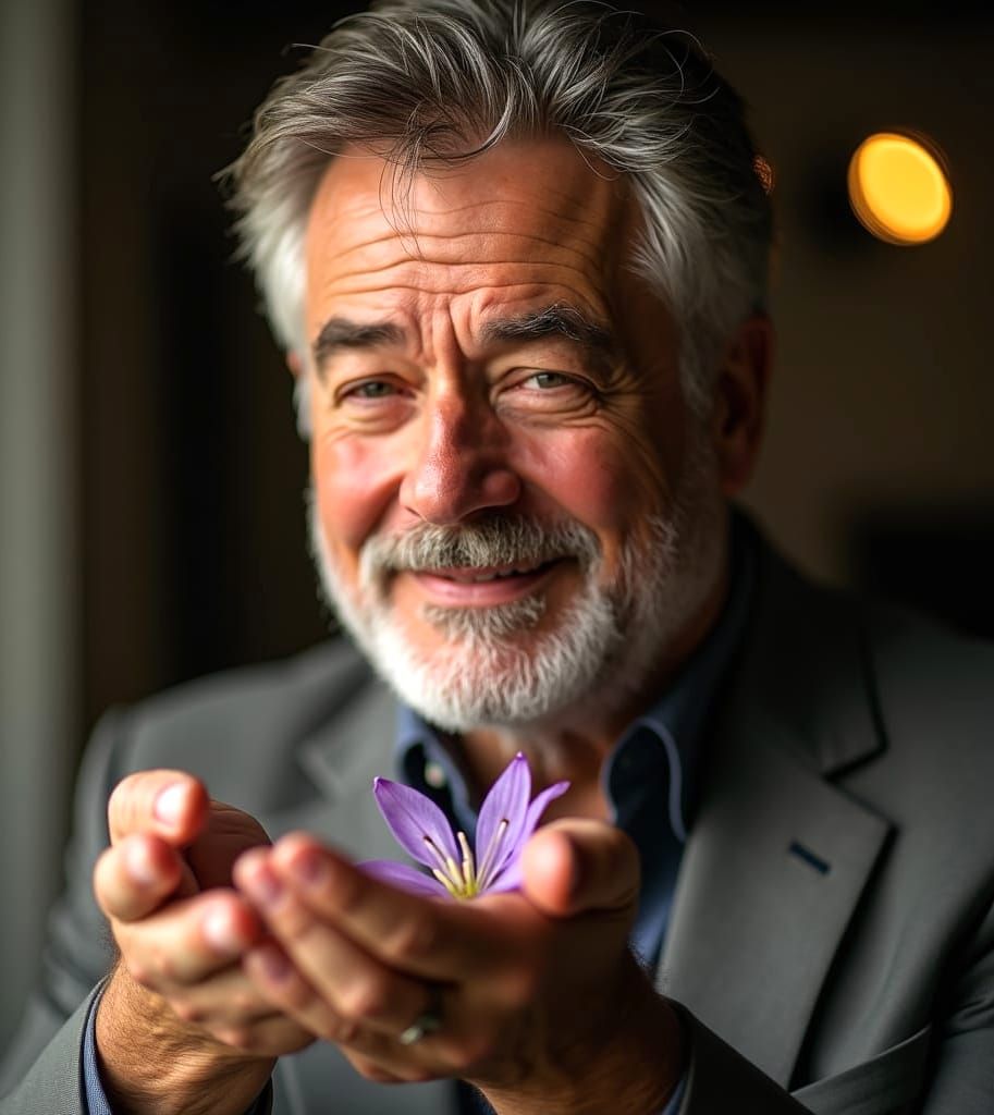 Middle Age Man Portrait Holding Flower