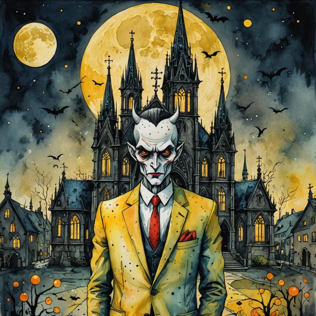 Devil in Suit at Gothic Church, Watercolor Illustration