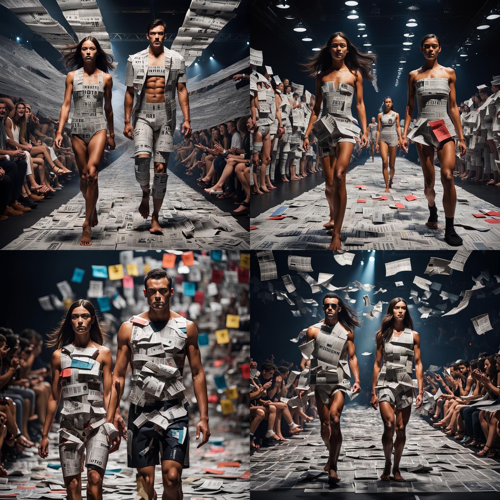 Newspaper Swimsuits on Fashion Catwalk in 8K