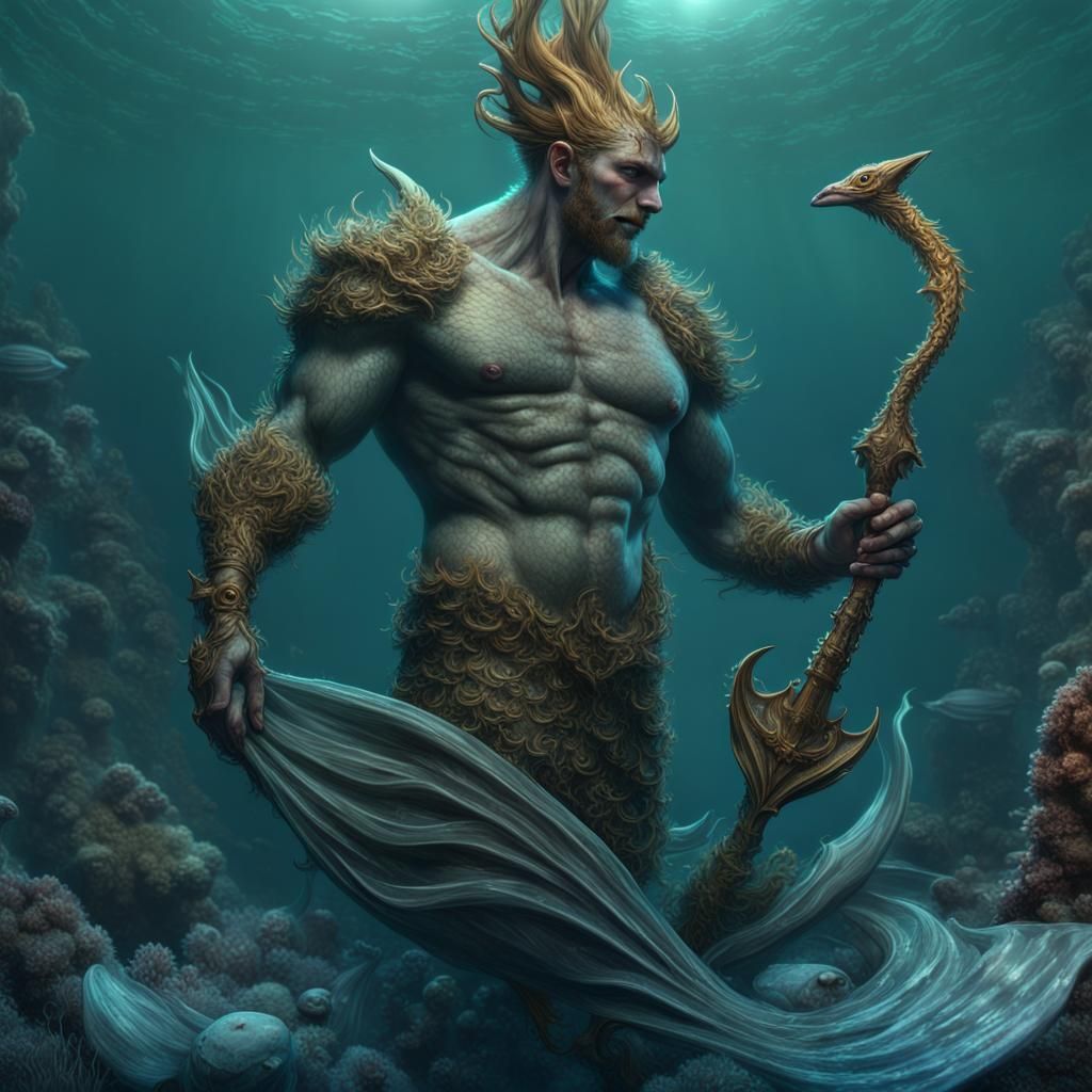 Evil Merman with Trident in the Deep Ocean