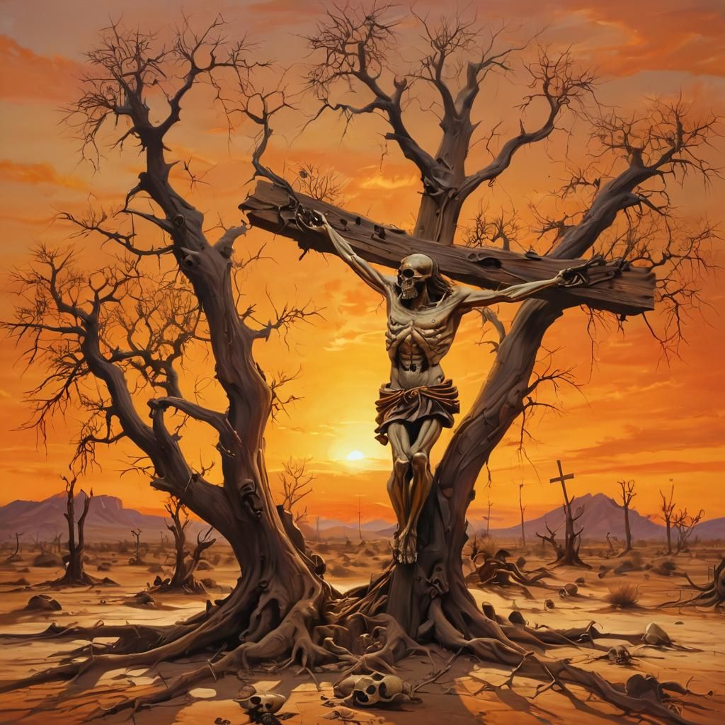 Surreal Christ on Cross in Desert Landscape