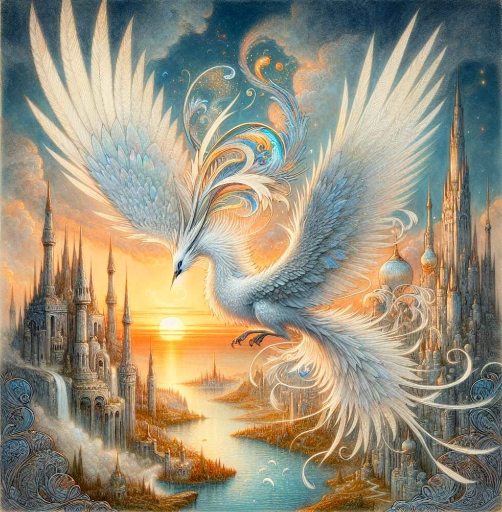 Ethereal White Bird Soars Above Ancient Kingdom