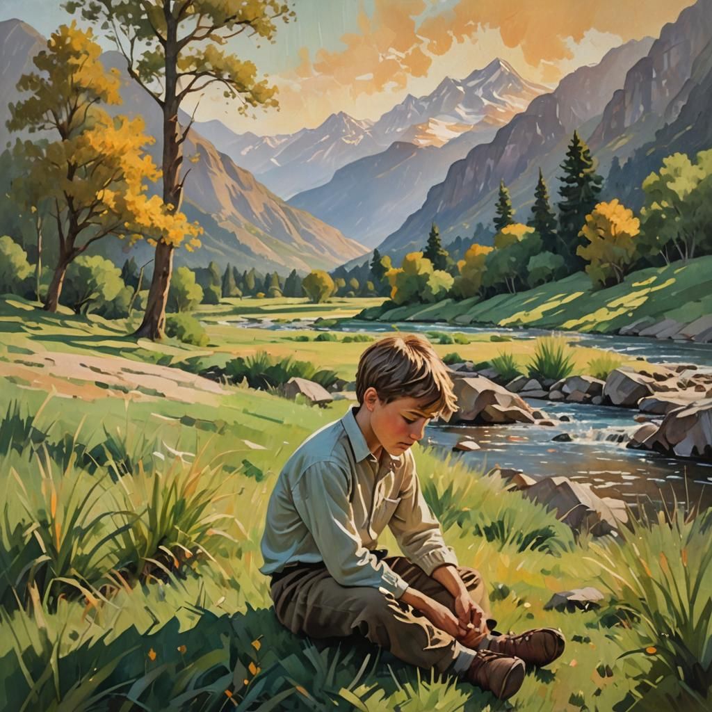 Boy Crying in Majestic Mountain Landscape, Impressionist Oil