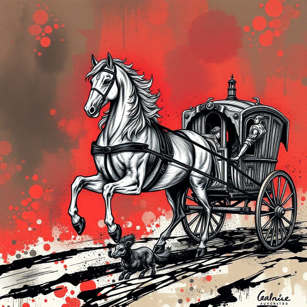 Horse and Carriage in Art Nouveau Ink Drawing