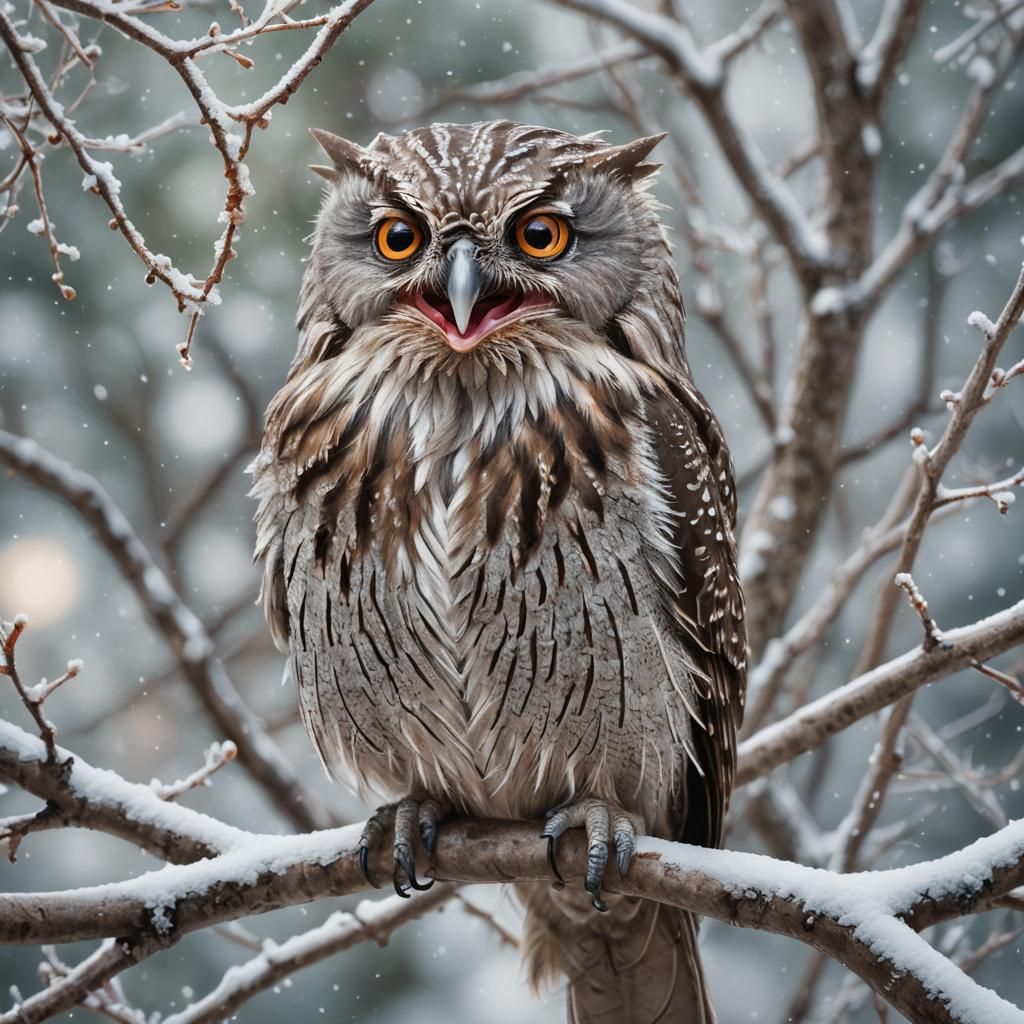 Tawny Frogmouth Owl in Snowy Tree, Watercolor Style