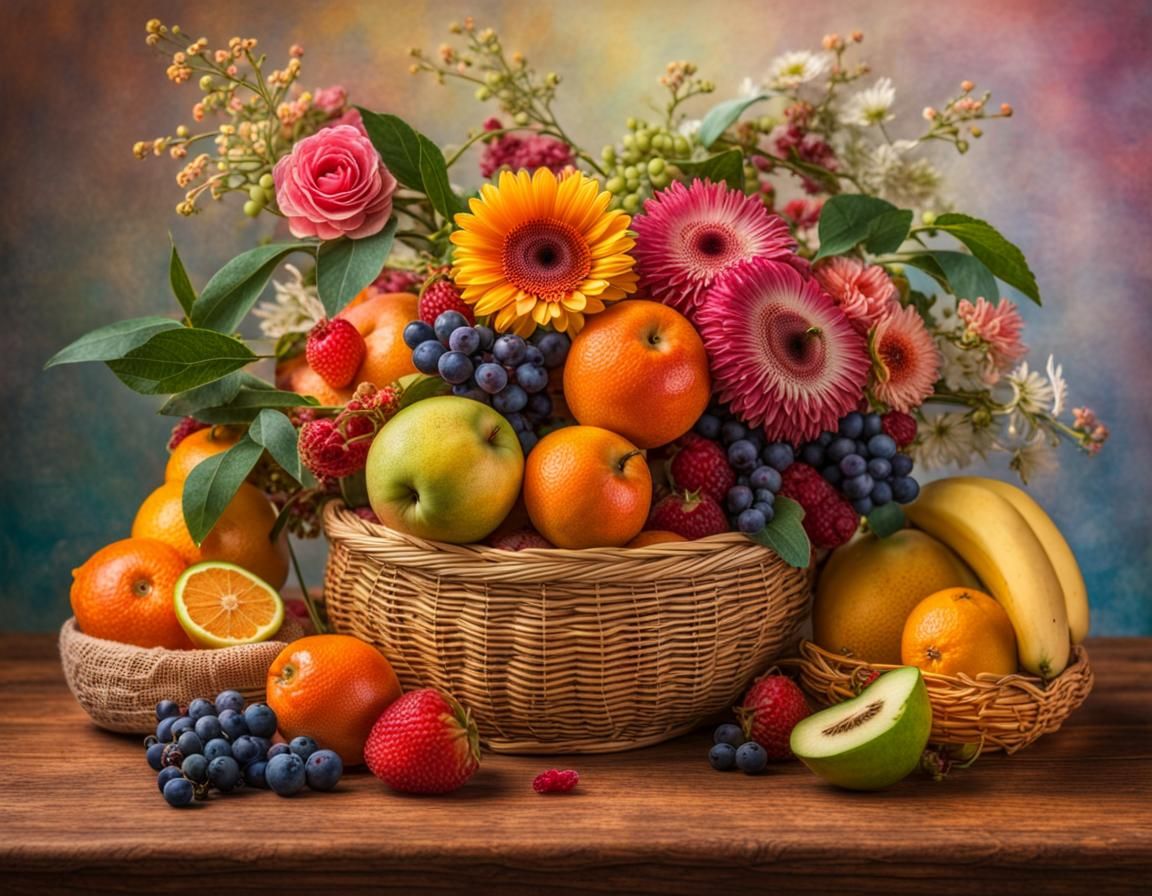 Fruits and Flowers in Wicker Basket