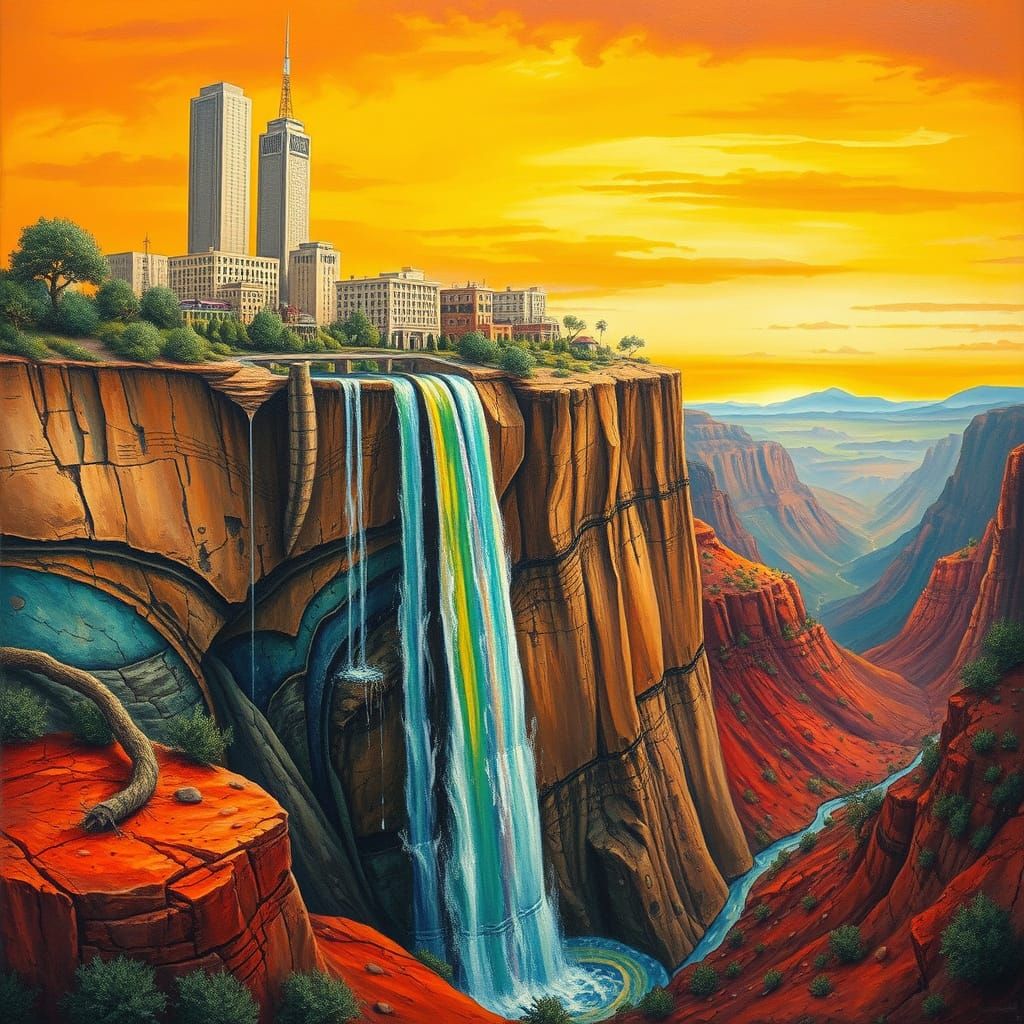 Surreal Cityscape Perched on Cliff Face in Vibrant Rainbow H...