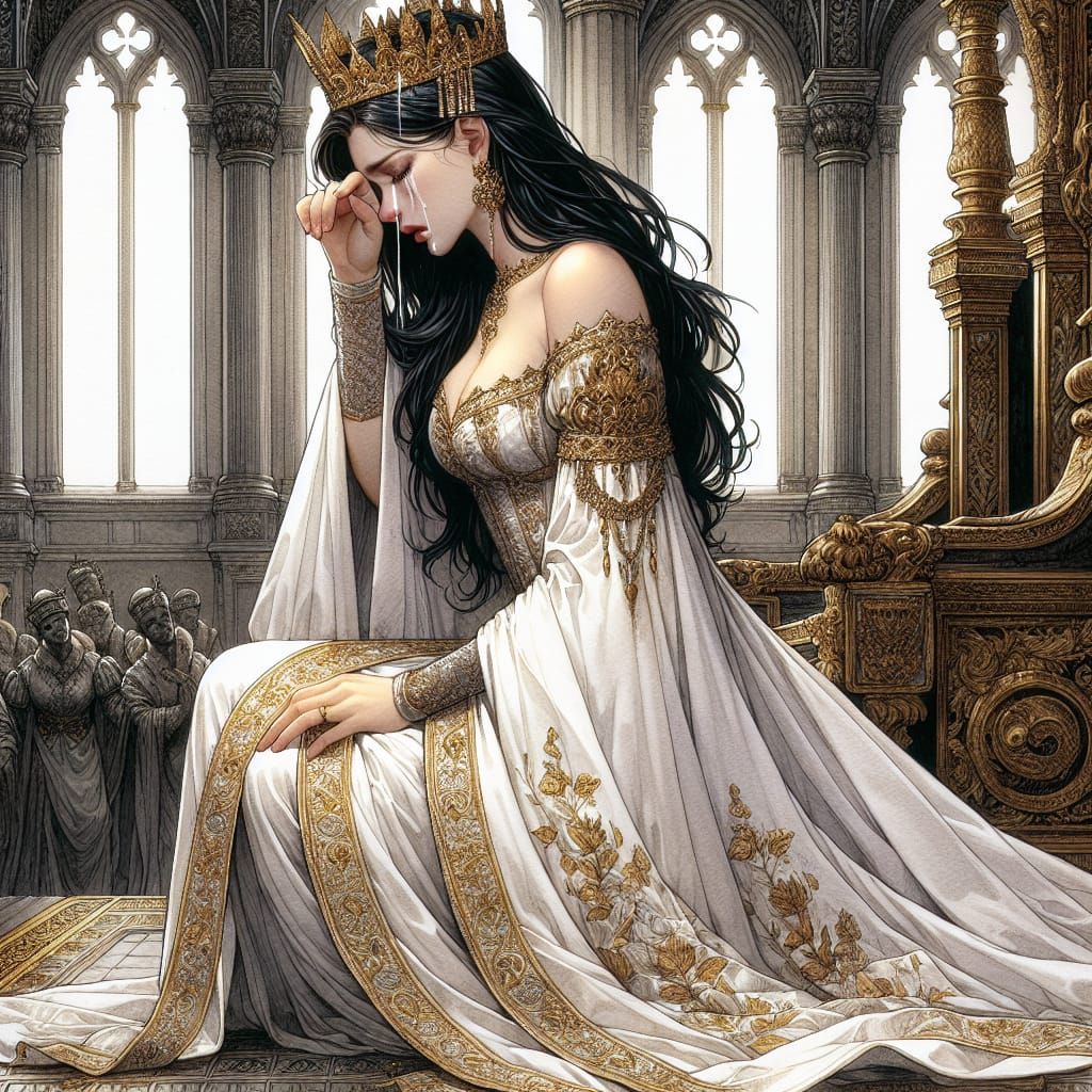 Crying Queen in Palace: Ink and Watercolor Art