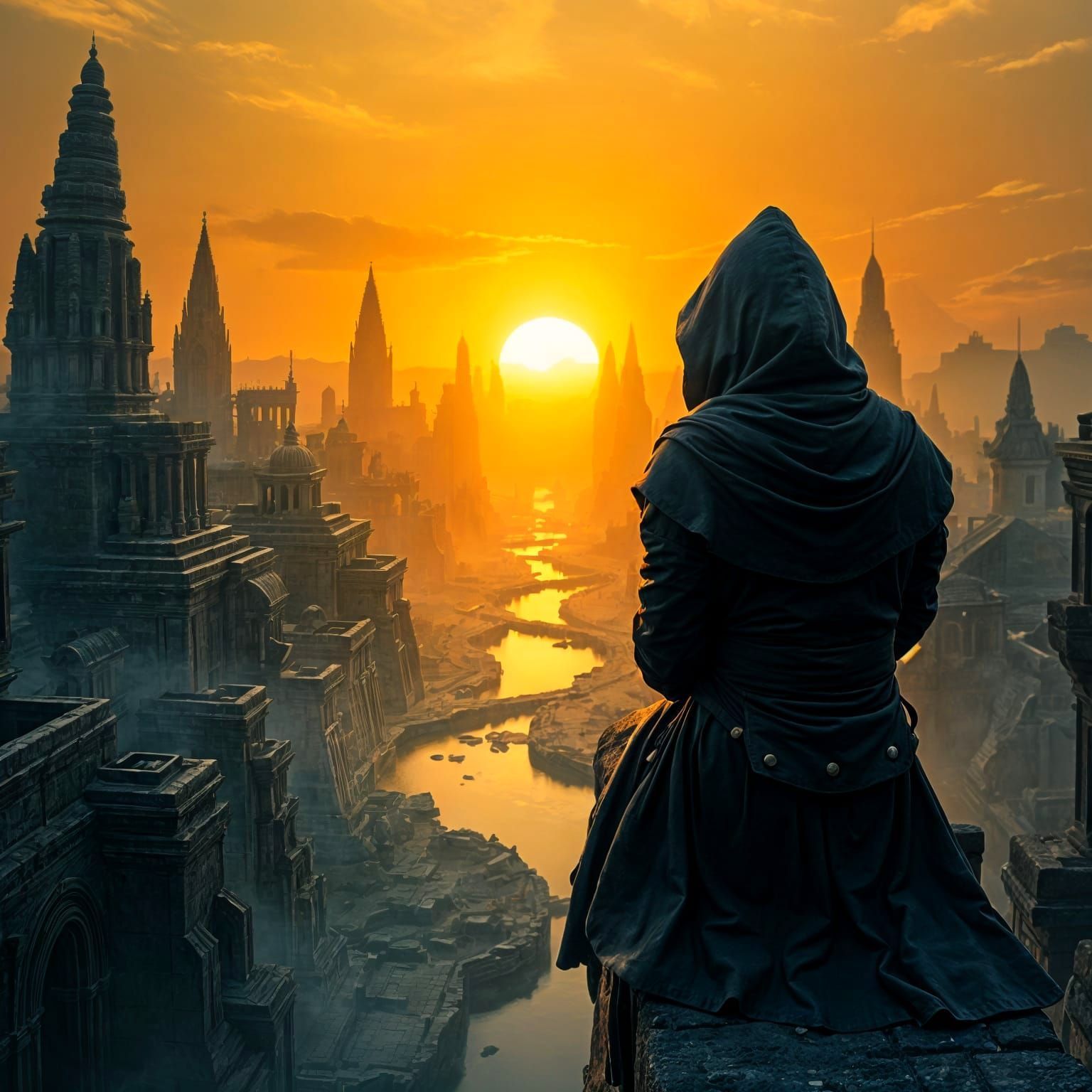 Ancient Temple Ruins at Sunset in a Mysterious, Gothic Style