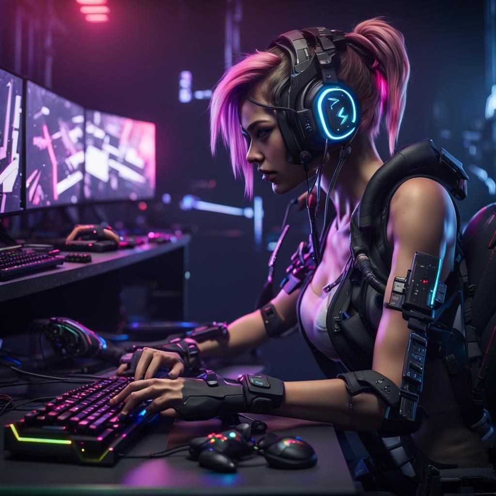 Cyberpunk Girl's Immersive Gaming Setup in 3D