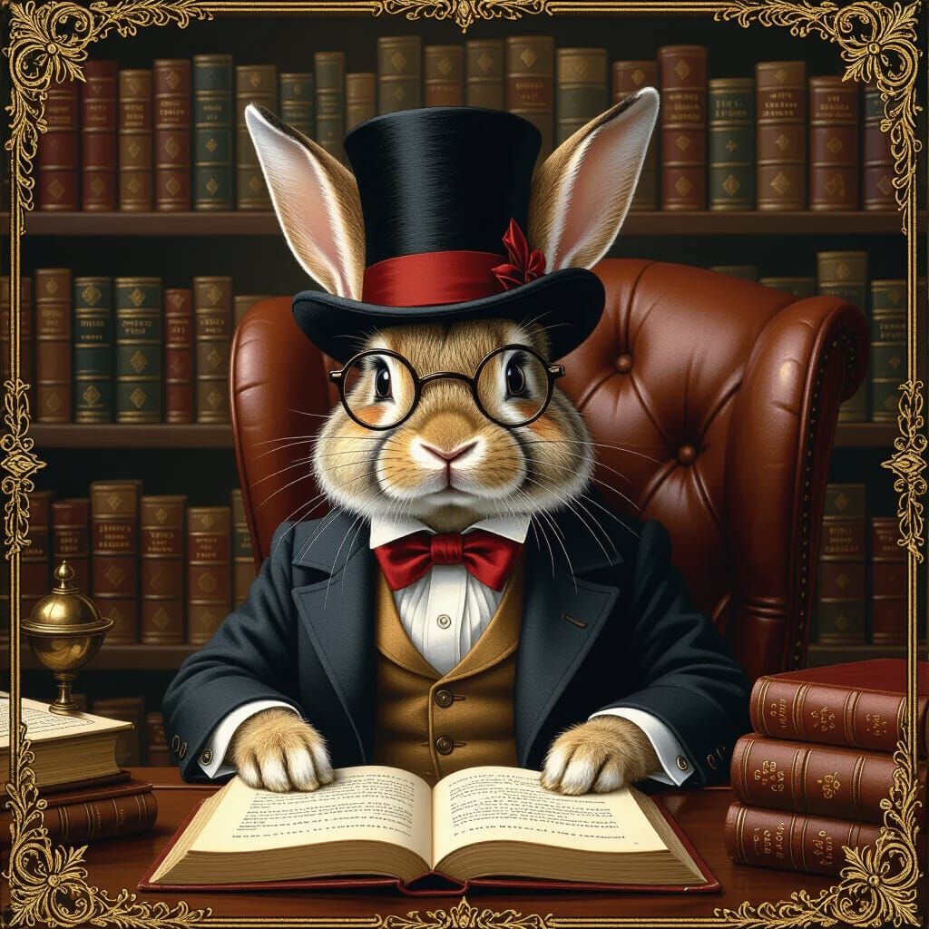 Rabbit Gentleman in Study, Art Nouveau Style