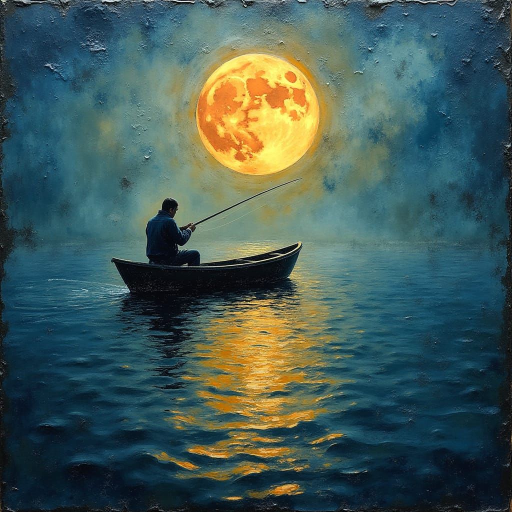 Fisherman Under Moonlight: Encaustic Macro Photography