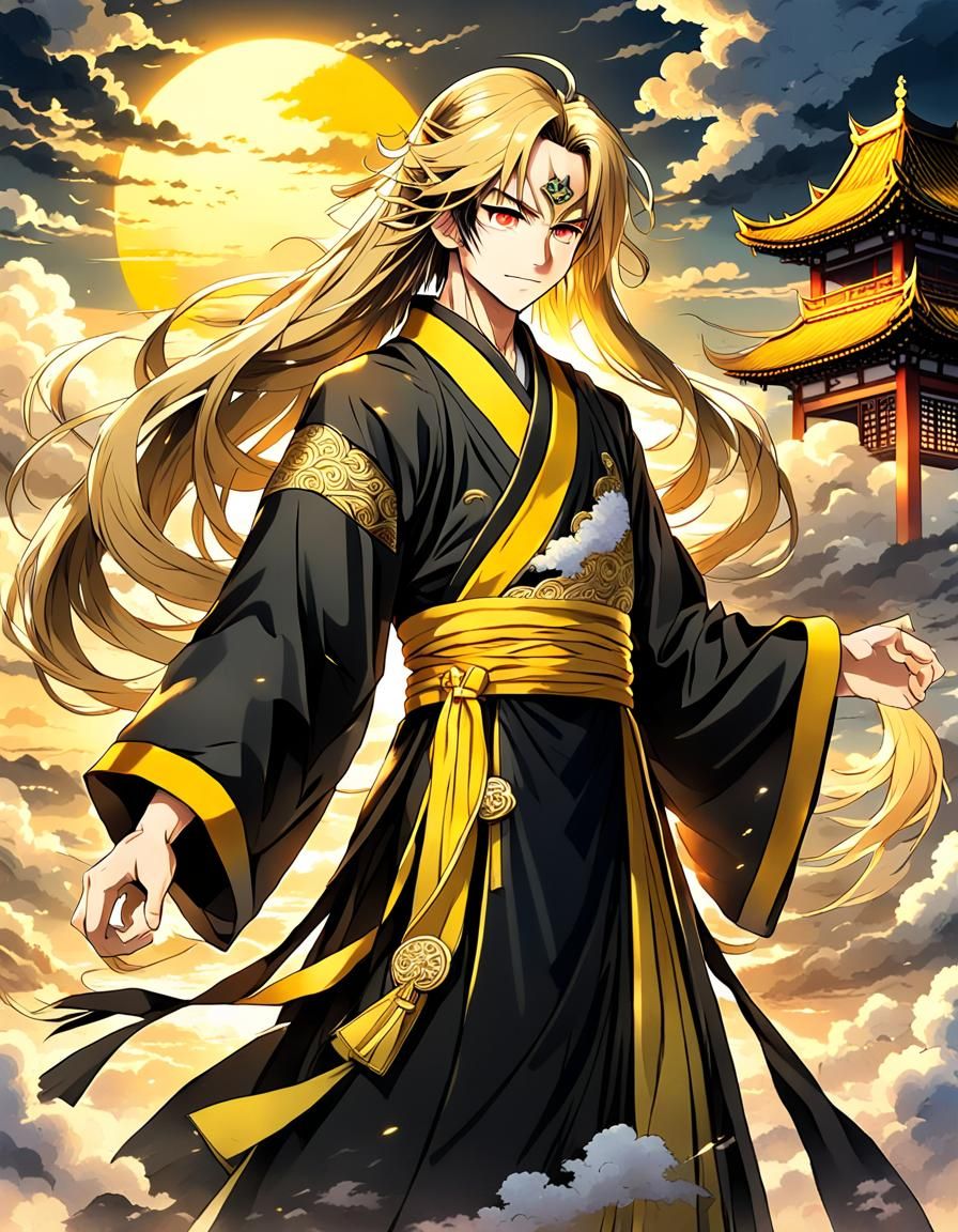 Anime Young Man with Golden Light in Chinese Landscape