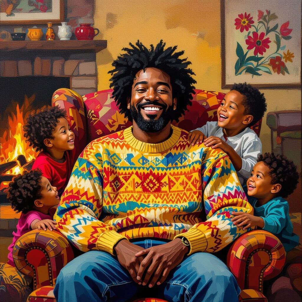 Happy Grandfather with Grandchildren by Fireplace as Story Q...